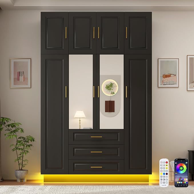 Hlivelood Large Armoire Wardrobe Closet Cabinet with Drawers and LED Lights, Multi-Tier Shelves, Hanging Rod, Large Capacity Storage 4 Door Wardrobe Armoire with Top Cabinet for Bedroom, Black