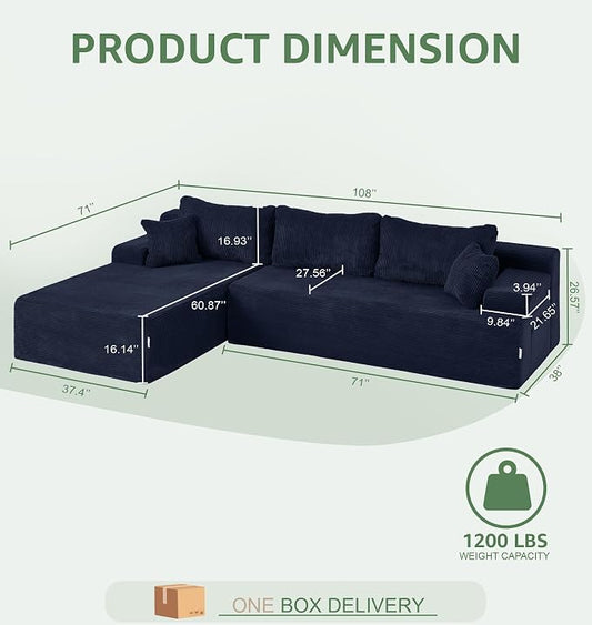 Hobestluk Modular Sectional Sofa Couches L-Shape Couch 3 Seat Modular Sofa Memory Foam Sectional Couches for Living Room, Cloud Couch with Oversized Chaise (Blue Corduroy, 108", Left Hand Facing)