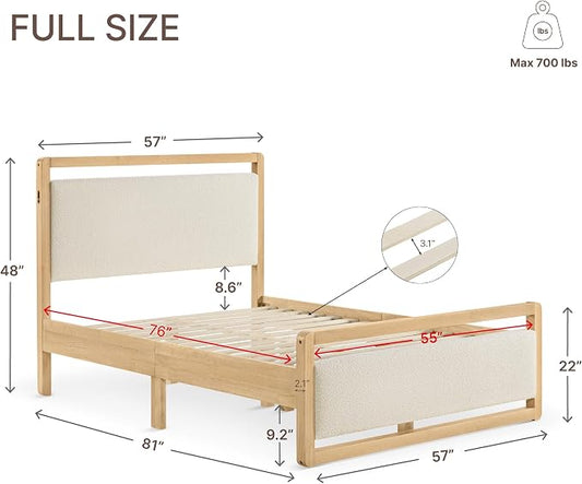 KISLOT Wood Bed Frame with Headboard and Footboard, Mattress Foundation with USB Charging Strong Wooden Slat Support Noise-Free Easy Assembly No Box Spring Needed