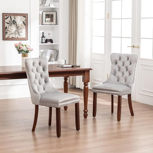 Hixkol Velvet Dining Chairs Set of 2,Upholstered Dining Chairs with Ring Pull Trim and Button Back,Modern Seating for Kitchen, Bedroom & Living Room(Light Gray)