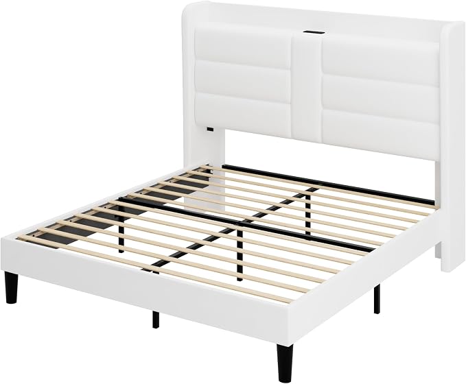Allewie Full Size Platform Bed Frame with Charging Station & Storage Headboard, Upholstered Velvet Wingback Design & USB Port, Strong Wooden Slats Support, No Box Spring Needed, Easy Assembly, White