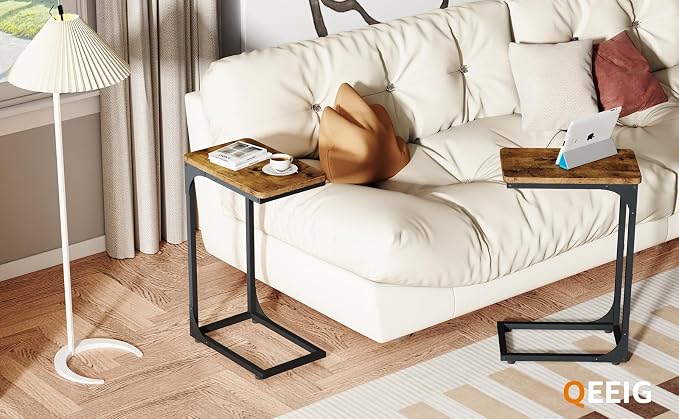 QEEIG Narrow C Shaped Side Table Set of 2 Living Room Sets Slim Couch Tray Tables Skinny Thin Small Farmhouse 9.5 inch Width, Rustic Brown (017-24BN)