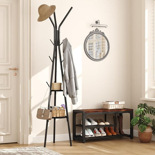 HOMEFORT Coat Rack, Coat Hanger Stand with 2 Shelves, Freestanding Hall Tree, Metal Hat Hanger with 12 Hooks for Clothes Hats and Scarves (Black)