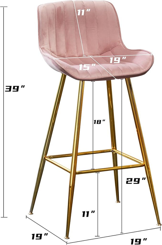Sidanli 29 Inch Bar Stools Set of 2, Pink Barstools with Back and Gold Plated Legs, Upholstered Barstools for Bar, Living Room, Kitchen Island, Farmhouse