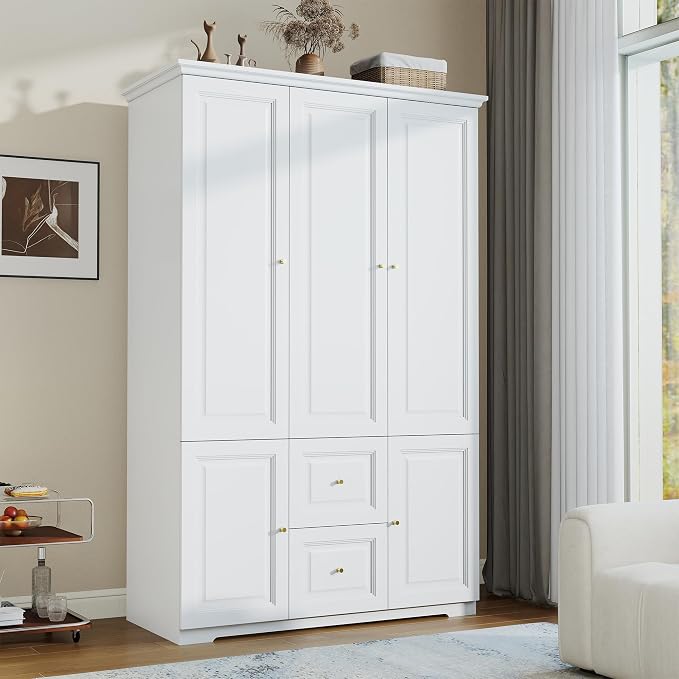 Armoire Wardrobe Closet with Drawers: Large White Wardrobe Closet with 3 Doors and 2 Drawers, Wooden Bedroom Armoires Storage Cabinet with Hanging Rod and Shelves (47")