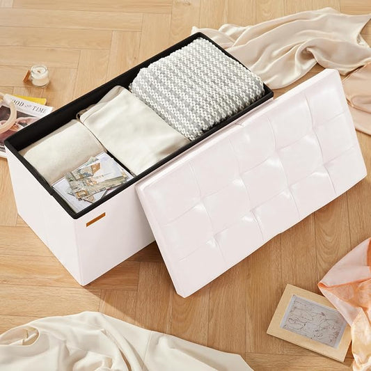 HAUSFRAU - 30 Inches Storage Ottoman Bench with Flipping Lid, Foldable Storage Chest Foot Rest for Living Room, Bedroom, Entryway, Load 660 lb, Synthetic Leather, White