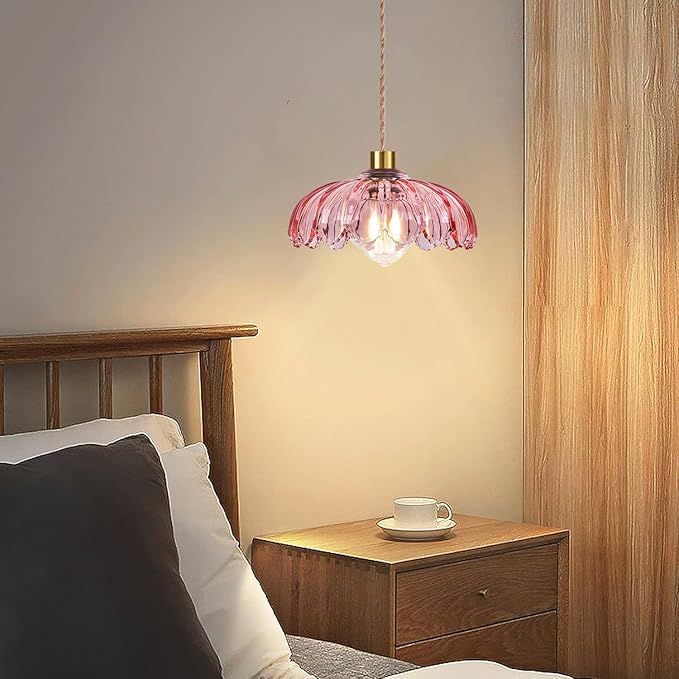 QIYIZM Pink Plug in Pendant Light Hanging Lights with Plug in Cord Boho Hanging Lamp Glass Gold Mid Century Modern Vintage Dimmable Flower Plug in Chandelier Ceiling Fixture for Living Room,Kitchen