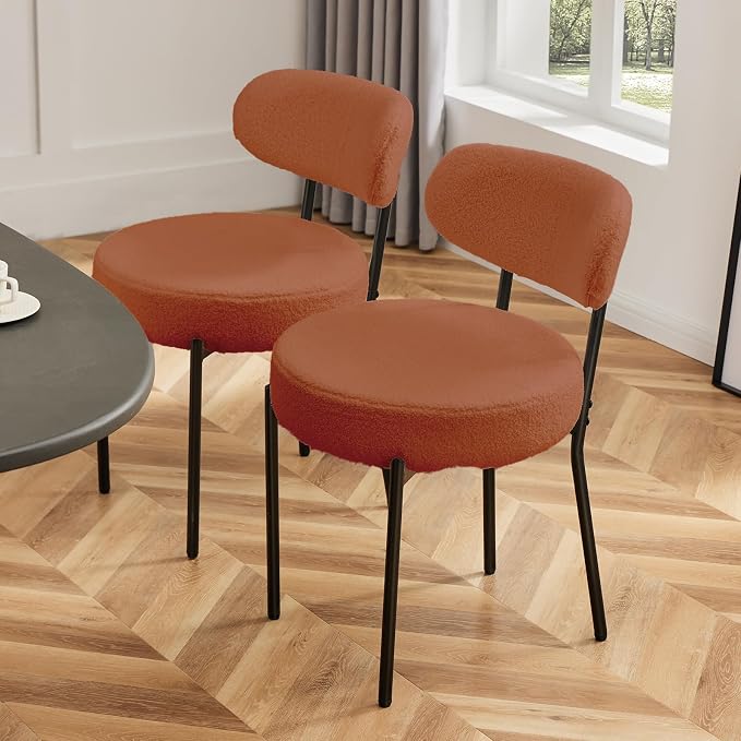 DUMOS Dining Chairs Set of 6, Mid Century Modern Chair Round Upholstered Curved Backrest, Kitchen Vanity Living Room Chairs with Black Metal Legs, Orange