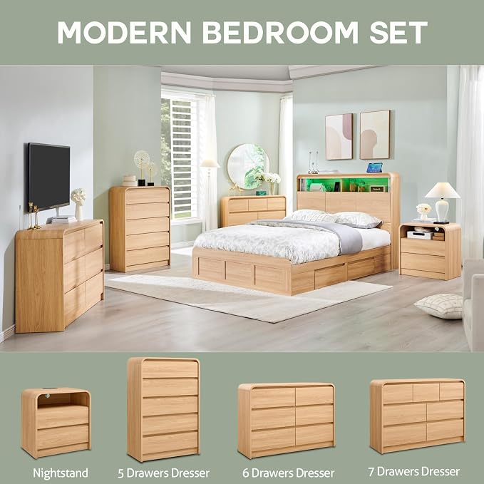 Aitjunz Modern 7 Drawers Dresser for Bedroom, 47" Wide Wood Dressers & Chests of Drawers w/Curved Profile Design, Mid Century Modern Dresser w/Natural Texture for Bedroom, Living Room, Natural Oak
