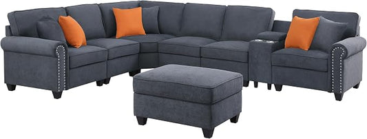Ball & Cast 127" L-Shaped Sectional Couch with Movable Ottoman & Nailhead Trim Armrest,7 Seat Chenille Upholstered Sofa W/ 2 Cup Holder,USB Port&Hidden Storage Box,DIY Combination,for Living Room,Gray
