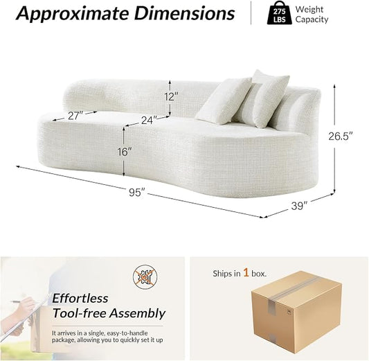 95" Modern Curved Compressed Sofa, All-Foam 3-Seater Cloud Couch with 2 Pillows, No Assembly Required Boneless Sofas for Living Room, Ivory