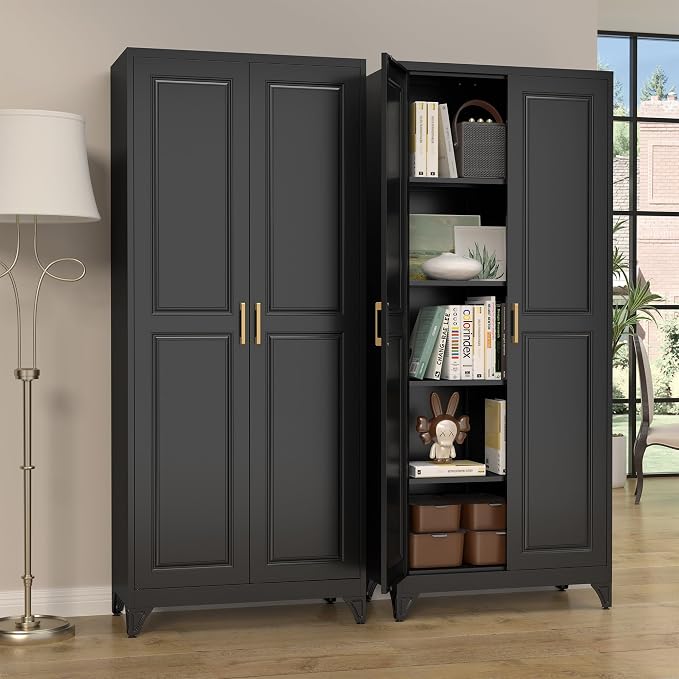 SteeLoong Kitchen Pantry Cabinet,75”Black Metal Storage Cabinets with Doors and 4 Adjustable Shelves,Kitchen Cabinet with 2 Gold Handles,Tall Cabinet for Livingroom, Bathroom