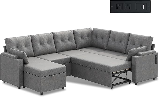 WLIVE 110'' Sectional Couches for Living Room, Pull Out Couch, U Shape 7 Seat Sleeper Sofa with Storage Chaise and Pillows, Removable Sofa Cover, Cups Holders, USB Charging Station, Grey