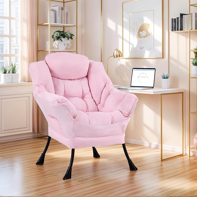 Furlide Lazy Chair for Living Room, Modern Accent Chairs with Armrests, Pink Armchairs with Side Pocket, Cozy Lazy Sofa for Reading, Balcony, Bedroom, Dorm, Small Spaces