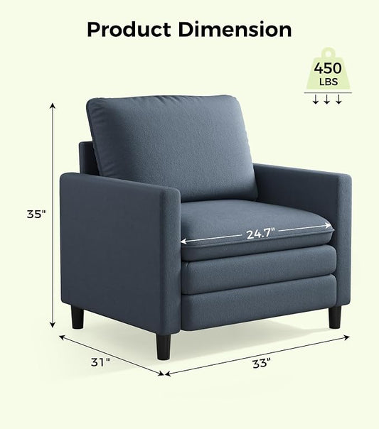 Welzona 3-Layers Cloud Accent Chair, 33" Reading Chair for Bedroom, Living Room - Tool-Free Assembly with Teddy Fabric Couch Chair - Blue Grey - Arm Chairs - Removable Washable Covers - 450lb Capacity