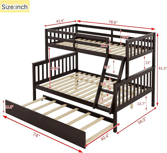 Harper & Bright Designs Convertible Wood Twin-Over-Full Bunk Bed with Trundle and Ladder - Can Be Divided Into Two Platform Beds, Espresso