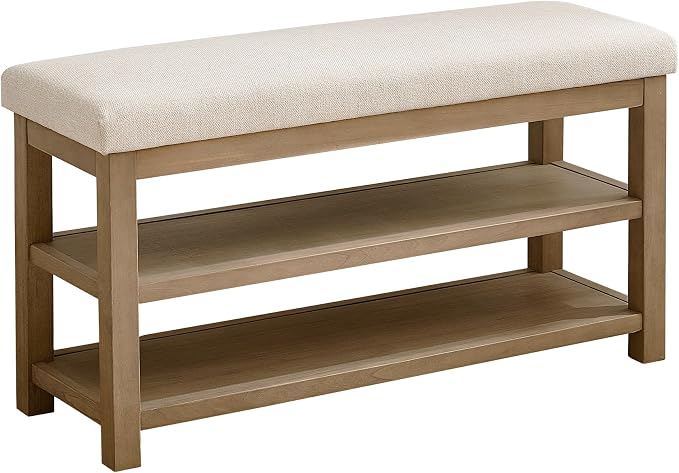 Zihanhome 2 Tier Shoe Rack Bench with Cushion, Solid Wood Shoe Benches, Mid-Century Modern Shoe Storage Bench for Entryway, Hallway, Living Room, Closet, Front Door Entrance, (Beige, 39.4")