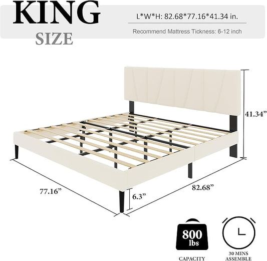 HAOARA King Size Bed Frame with Fabric Upholstered Headboard, Platform Bed with Wooden Slats Support, Fully Mattress Foundation, Box Spring Optional, Easy Assembly