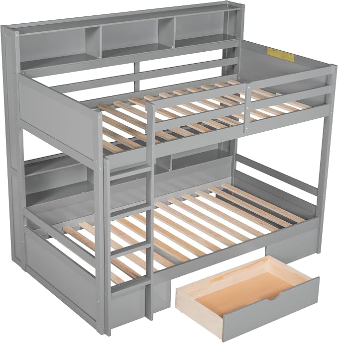 RUNNA Twin Bunk Bed with Storage Drawer,Shelves,Ladder,Gray | Twin bunk bed with storage drawer, shelves, ladder, guardrails, solid wood, no box spring needed, white, kids teens