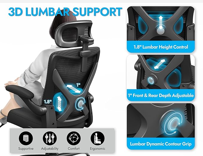 Black Ergonomic Office Chair - Mesh Desk Chair with Adjustable Lumbar Support High Back Computer Gaming Chairs - Big and Tall Office Chairs Adults, Comfortable for Long Hours
