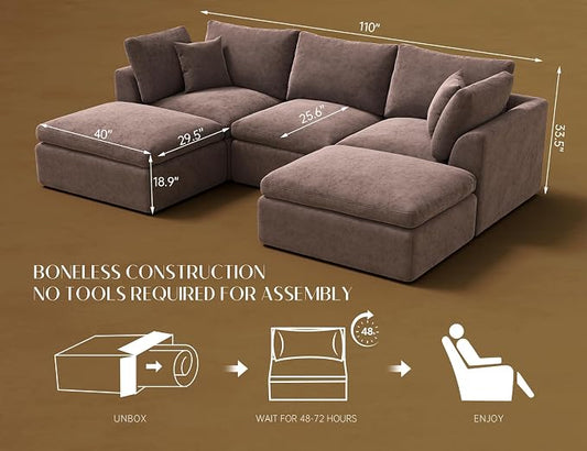 ohllob 110" Cloud Sectional Couches for Living Room, Boneless U Shaped Couch with Ottoman, 3 Seater Modular Sectional Sofa, Brown