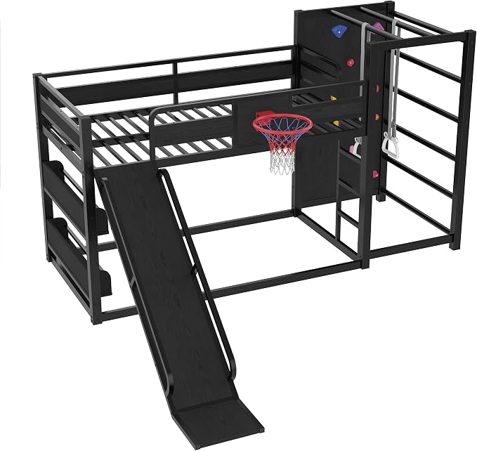 Bellemave Twin Size Bunk Bed with Basketball Hoop, Pull-up Rings and Climbing Wall, Twin Bunk Bed with Slide and Bookcase, Heavy Duty Bunk Beds with Guardrail, Black
