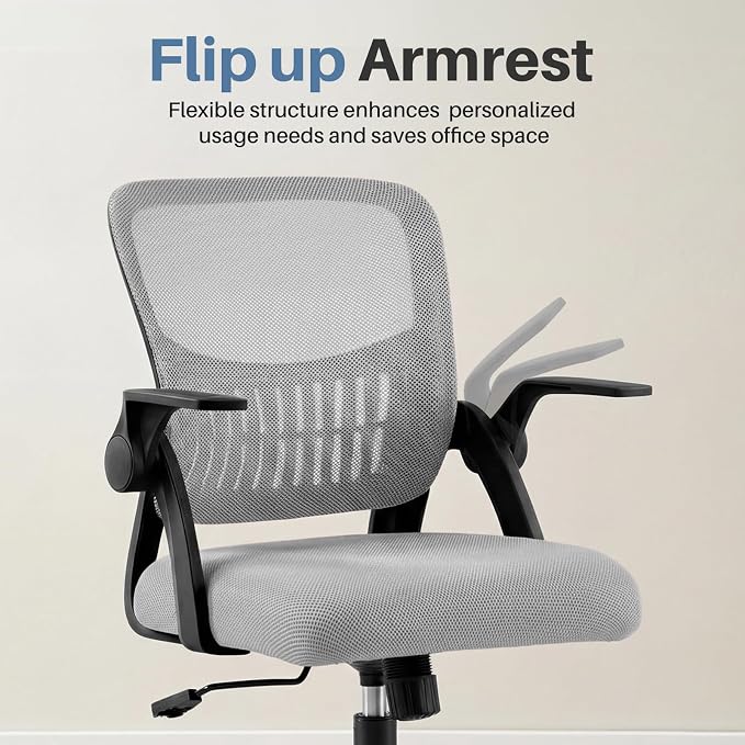 DUMOS Home Office Desk Chair - Ergonomic Computer Mesh Chair with Lumbar Support & Rocking Mode, Height Adjustable with Flip-up Armrest, for Conference, Meeting Room, 360° Swivel, Adults, Grey