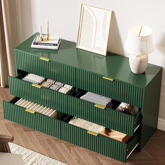 MAISONARIA 3-Piece Dresser Bedroom Set, 6 Drawer Dresser & 3 Drawer Nightstands with Gold Handles, Fluted Wood Chest of Drawers for Bedroom, Living Room, Entryway, Green