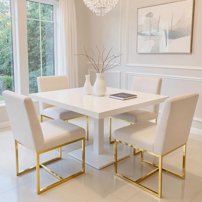 HNY Modern Dining Chairs Set of 2, Upholstered Linen Dining Room Chairs with Ergonomic Back & Polished Gold Metal Frame for Home, Kitchen, Apartment, Cream