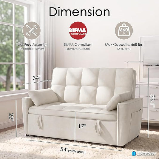 54'' Sleeper Sofa Bed, Convertible Pull Out Couch Futon for for Living Room,Apartment (Beige, Loveseat) Side Pockets, Velvet Fabric, Adjustable Backrest, Pull-Out Bed, Easy Assembly