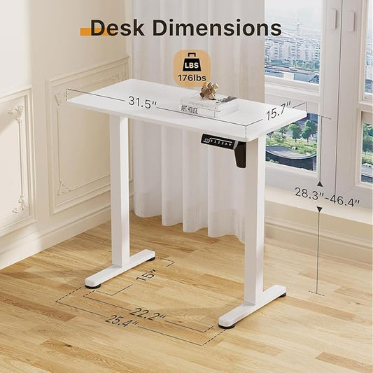 JOY worker Small Electric Standing Desk, 31.5" x 15.75" Whole Piece Height Adjustable Desk with Memory Controller, White Sit to Stand Workstation for Home Office
