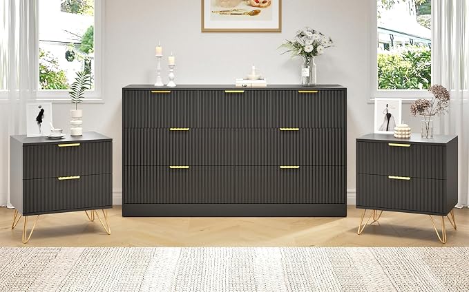7 Drawer Dresser and Nightstand Sets, 3 Pcs Bedroom Set for Bedroom, Fluted Night Stand Set of 2 & 55" Wide Dresser w/Gold Handles, Modern Wood Chest of Drawers Storage Cabinet Set, Black
