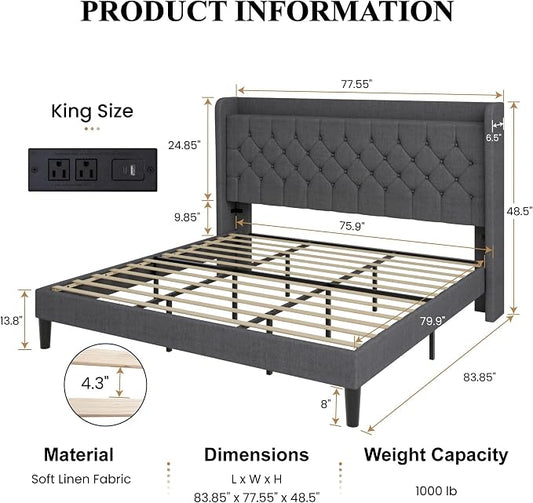 SHA CERLIN King Size Platform Bed Frame with Charging Station, Linen Wingback Headboard with Storage Shelf, Wooden Slats Support, Ample Under-Bed Space, No Box Spring Needed, Easy Assembly, Dark Grey