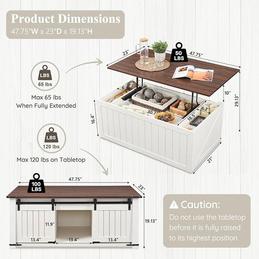 IFGET 48" Lift Top Coffee Table, Farmhouse Cocktai with Sliding Groove Barn Door, Rustic Wood Center Table w/Double Storage Spaces for Living Room, White