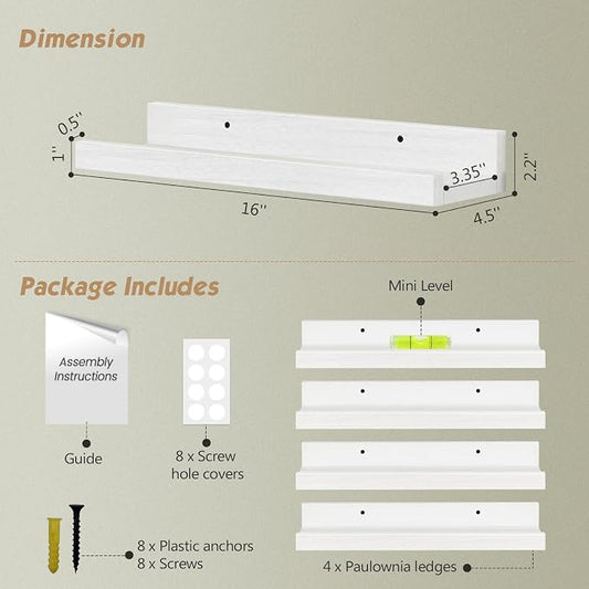 Forbena White Picture Ledge Shelf, Floating Shelves with Lip for Bedroom Books, Corner Nursery Book Shelves Wall Mounted for Small Spaces Office Baby Child Kids Room Art Decor (4-Pack, Real Wood)