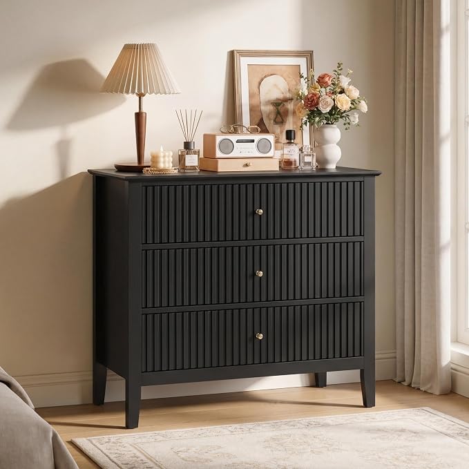 RoyalCraft Black Fluted 3 Drawer Dresser, 32 inch Wide Dresser Nightstand for Bedroom, Modern Wood Chest of Drawers, Large Painted Nightstand with 3 Drawers for Closet, Hallway, Entryway
