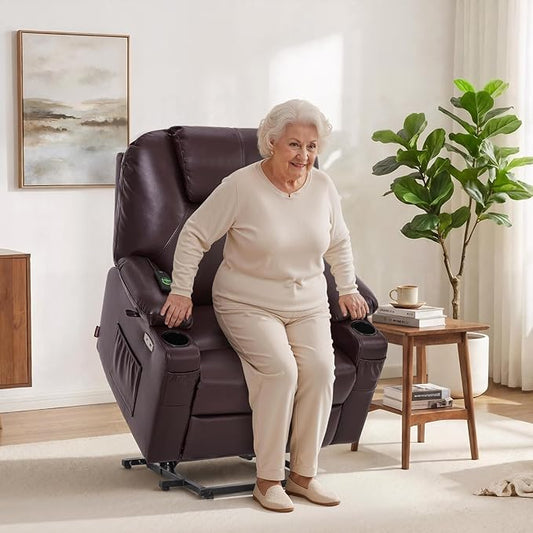 MCombo Extra Wide Power Lift Recliner Chair for Elderly, Lift Chair with Heat and Massage for Big People, USB&Type C Ports, Cup Holders, Faux Leather R7045 (Dark Brown, Medium-Wide)
