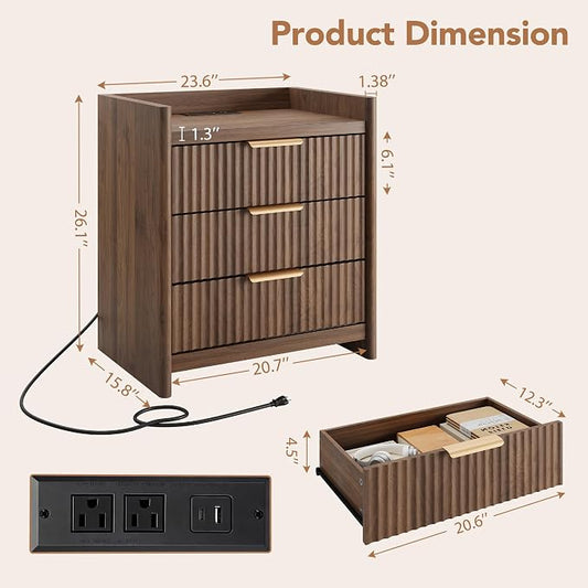 25.9" Fluted Nightstand with Charging Station, Large Bedside Table with 3 Storage Drawers and Metal Handle, Modern End Table for Bedroom, Home Office(Dark Walnut)