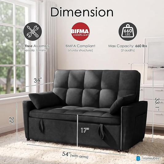 54'' Sleeper Sofa Bed, Convertible Pull Out Couch Futon for for Living Room,Apartment (Black, Loveseat) Side Pockets, Velvet Fabric, Adjustable Backrest, Pull-Out Bed, Easy Assembly