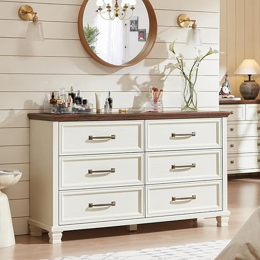 SAVOR LIFE Farmhouse Dresser and Nightstand Sets of 3, 6/5 Drawer Dresser & 2 Drawer Nightstand, Rustic White Bedroom Furniture Set for Home, Bedroom, Hallway, White