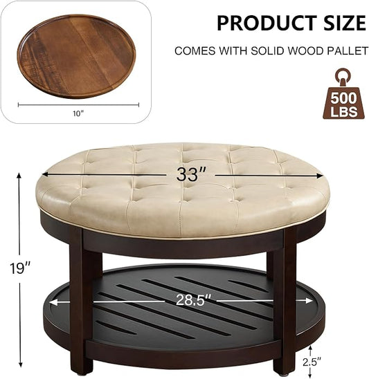 adochr Round Coffee Tables for Living Room,33’’ Storage Ottoman with Wooden Tray, Upholstered Ottoman Footrest, Ivory