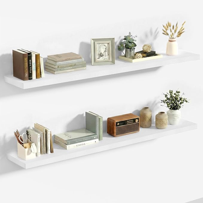 Vivelove 10 in Deep Floating Shelves for Wall, 47.2" x 10.2" x 1.5" Shelves for Room Wall Mounted, 1.5 Inch Thick Shelf for Bathroom Bedroom Kitchen Book Room, Modern Farmhouse Decor, Set of 2, White