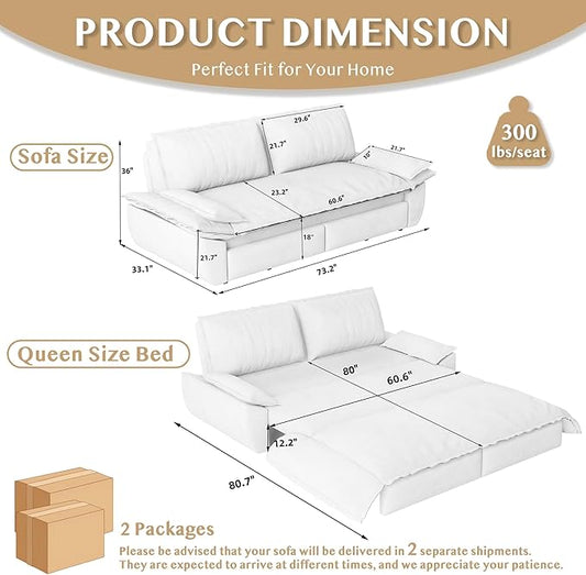73.2" Sleeper Sofa Bed Queen, 3-in-1 Convertible Couch, Modern Pull Out Couches, Comfy Velvet Futon Sofa, Cloud Loveseat Lounge, Pillow Arm, for Small Spaces, Apartment, Living Room, Black