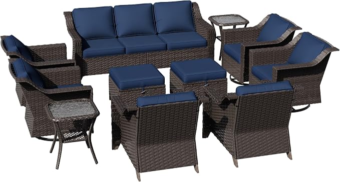11 Pieces Patio Conversation Furniture Set - 1 Sofa, 2 Ottoman, 2 Armchairs, 4 Swivel Chairs, 2 Side Tables, Outdoor Wicker Furniture with Removable Cushions for Porch, Sunroom (Blue)
