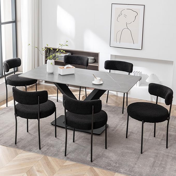 Cinxzar Black Boucle Dining Chairs Set of 2, Upholstered Dining Room Chairs with Black Metal Legs, Round Modern Dining Chair for Dining Room, Kitchen