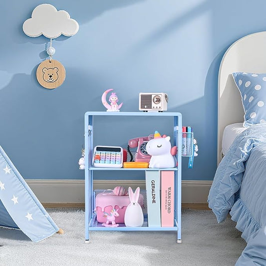 Sky Blue Kids Nightstand, Small Nightstand for Bedroom, End Table with Hooks and Holder, Toddler Bedside Table, Desk Organizer for Office, Small Desk for Living Room, Dorm (Sky Blue)