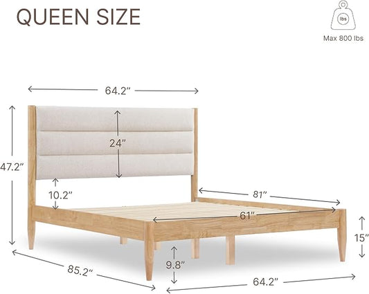 KISLOT Wood Bed Frame with Headboard Upholstered Platform Mattress Foundation,Strong Wooden Slat Support,No Box Spring Needed