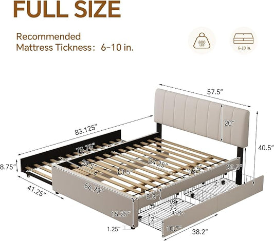 Full Size Upholstered Platform Bed w/Trundle Bed & 2 Storage Drawers | Twin Size Trundle,Two Drawers,LED Lighting Controlled by APP, USB+Type-C Charging Ports, Chenille Upholstered Bed Frame,Beige