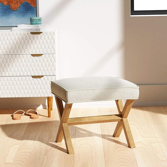 Amazon Basics Small Ottoman Foot Rest, Mid-Century Modern X Square Polyester Foot Stool, Linen, Ivory White, 18" D x 19.8" W x 18.3" H