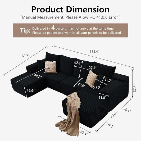 135" Modular Sectional Sofa with U Shaped Chaise, Upholstered Couches for Living Room with Deep Seat, No Assembly Required, Corduroy Cloud Couches, Black (Left-Facing Chaise